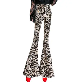 

Spring Autumn Fashion Women High Waist Leopard Print Flare Wind Leg Female OL Slim Trousers Lady Party Elegant Casual Pant Z181