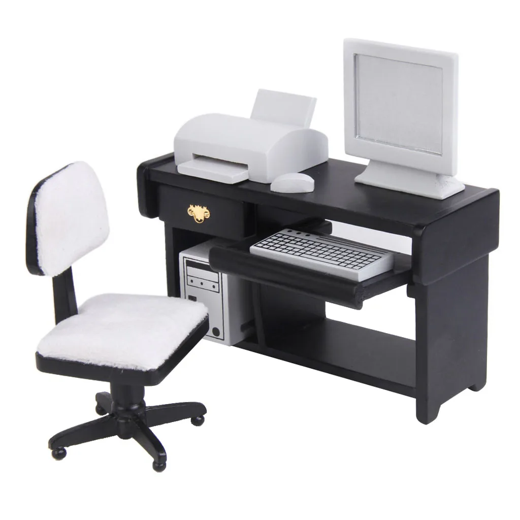 

Deluxe 1:12 Dollhouse Miniature Wooden Furniture Computer Desk Chair Printer Keyboard Monitor Set