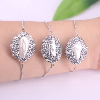 

6Pcs Pave Rhinestone Freshwater Pearl connector Bead charm adjustable chain bracelet