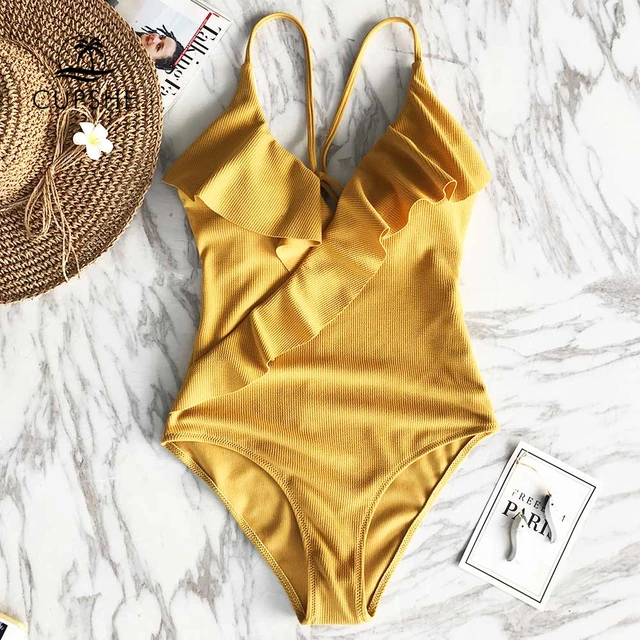 US $5.84 CUPSHE Happy Ending Yellow Solid One-piece Swimsuit Falbala V neck Ruffle Sexy Monokini 2020 Ladies