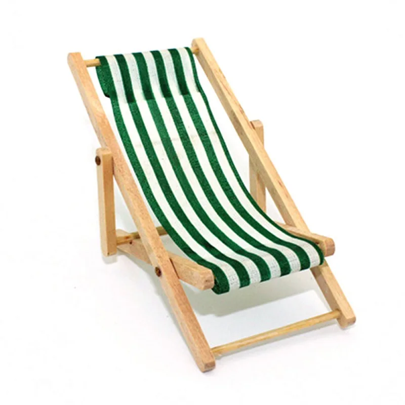 1:12 Mini Stripe Foldable Wood Beach Chair Recliner Sunbathing Chair Chaise Lounge Chair Dollhouse Furniture for Barbie Toy