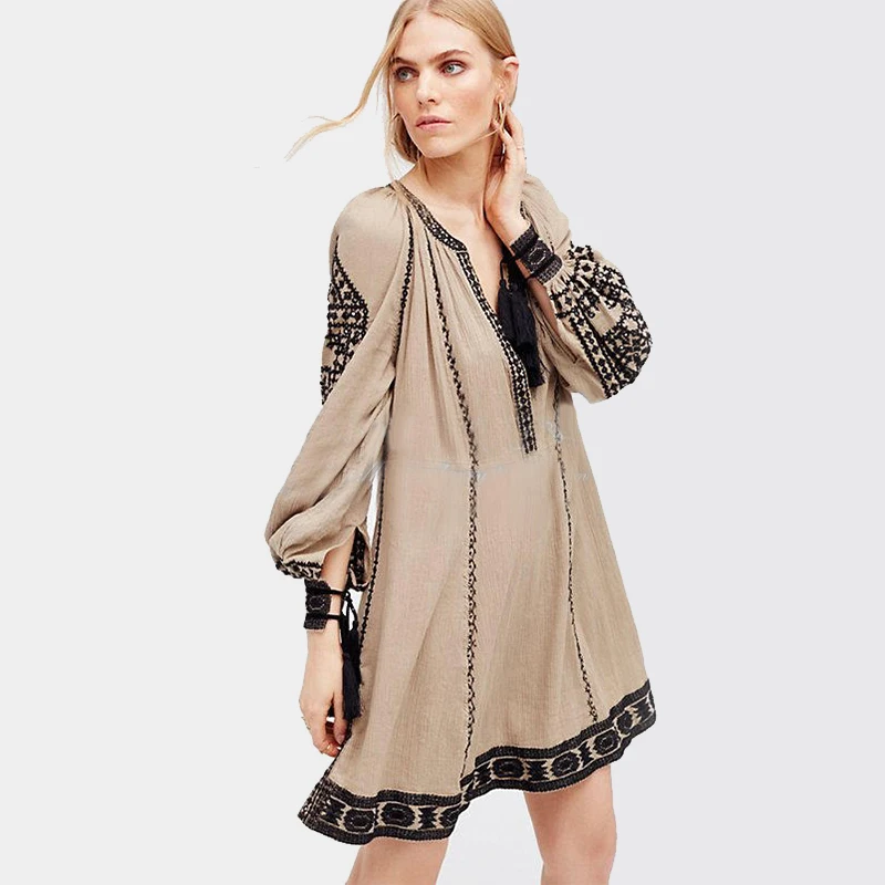 

Long Sleeve Ethnic Dress Tassels Boho Hippie Chic Women Embroidery Dress Cotton Gypsy Vintage Dresses Womens Tunic