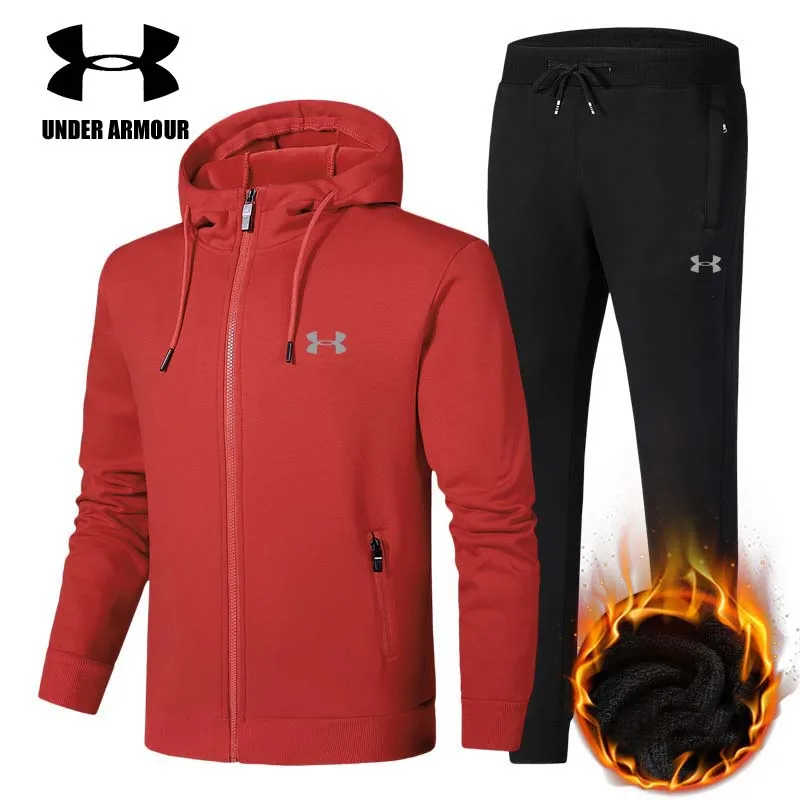 

Under Armour Men Gym Clothing winter warm Sport suit 2 pieces velvet jacket+pants trekking jogging running sets Asian size L-5XL