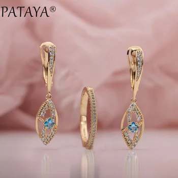 

PATAYA New 585 Rose Gold Micro Wax Inlay Blue Natural Zircon Long Drop Earrings Luxury Rings Sets Women Wedding Party Jewelry