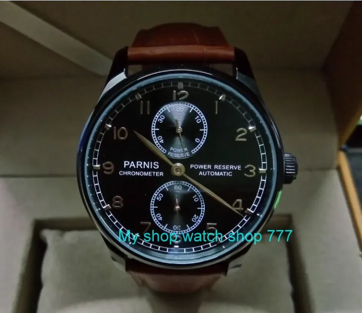 

43mm PARNIS power reserve Automatic Self-Wind Mechanical movement men's watch Black dial PVD case Mechanical watches zdgd110a