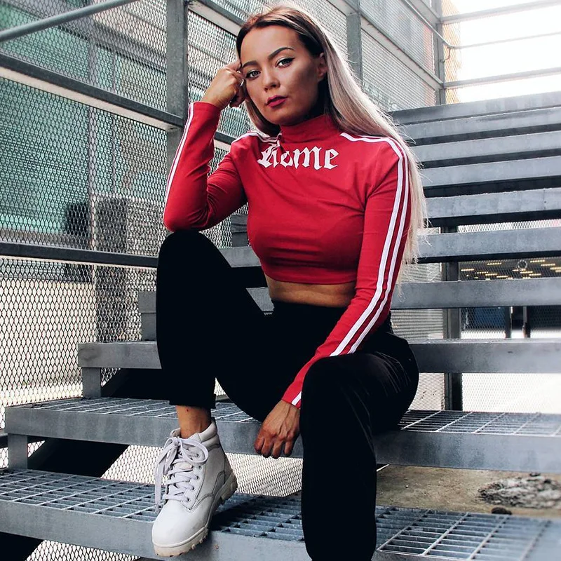 

Turtleneck Sweatshirt Sexy Red Crop Tops Romeo Letter Printed Long Sleeve Tumblr Punk Cropped Sweatshirt Hoodies punk crop top