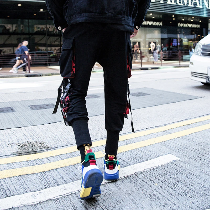 Мужские брюки в стиле хип-хоп с принтом ленты, хипстерские повседневные штаны для бега, уличная одежда, спортивные штаны, хлопковые мужские повседневные тактические брюки-карго, Новинка