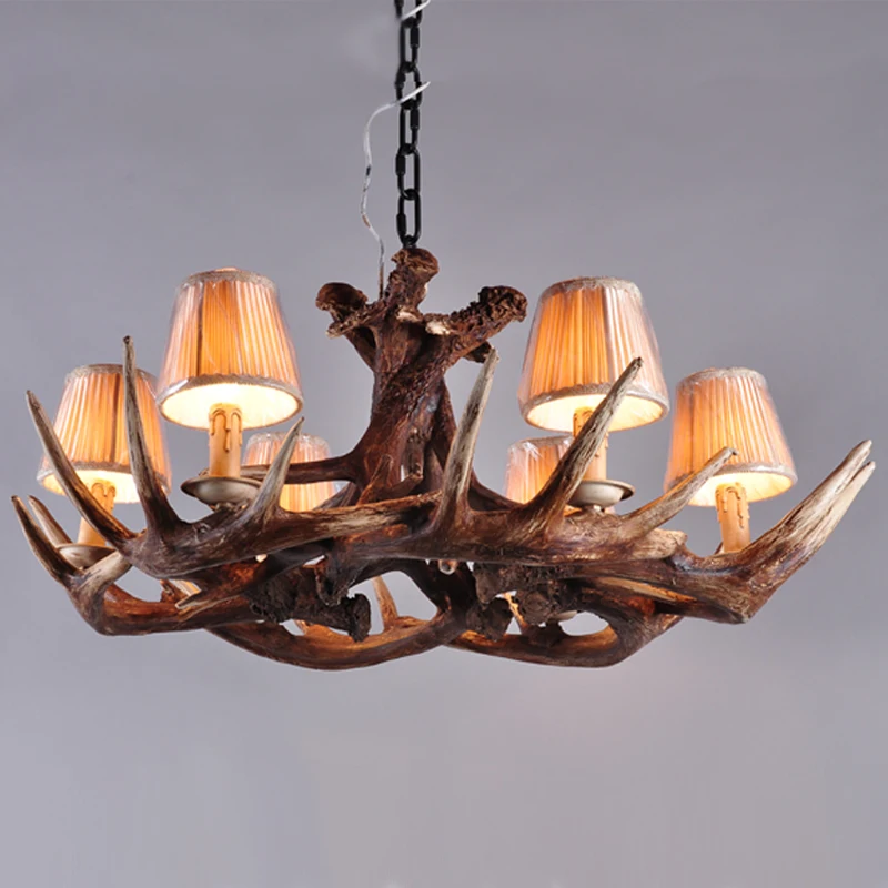6 Light Antler Chandelier American Retro Lamps Fixture Resin Deer Horn