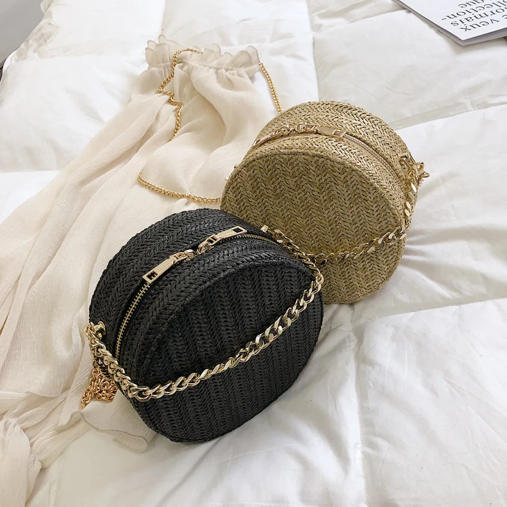 Модная Новая женская круглая сумка через плечо, плетеная Женская цепочка соломенного цвета, сумка через плечо, повседневная сумка на молнии для покупок, женская сумка