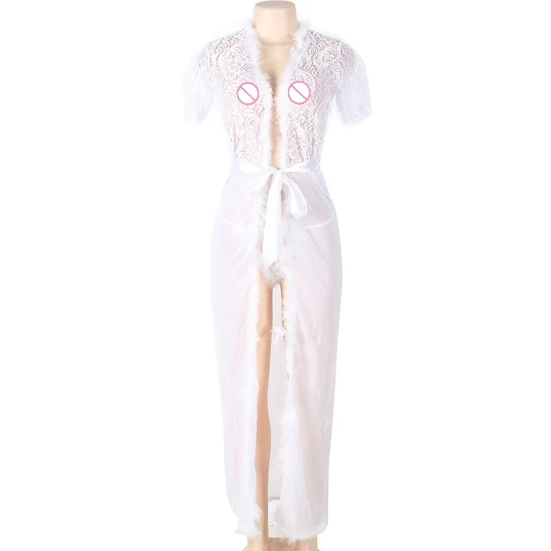 Summer style new costumes erotic lingerie plus size ladies sexy sleepwear white/black fur trim glam long night robe H60365