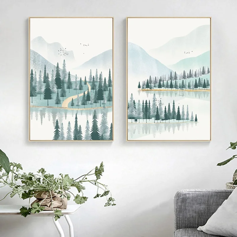 Современный минималистичный лес и река, постер, пейзажная живопись, печать на холсте, картина для дома, настенная художественная декорация на заказ