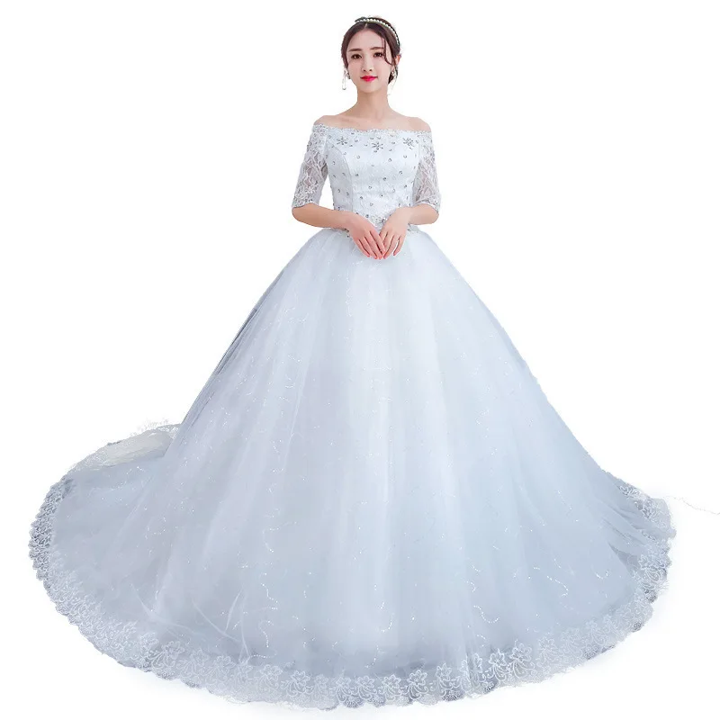 Свадебное платье с длинным шлейфом размера плюс, кружевное бальное платье, роскошное платье невесты с кристаллами и бисером