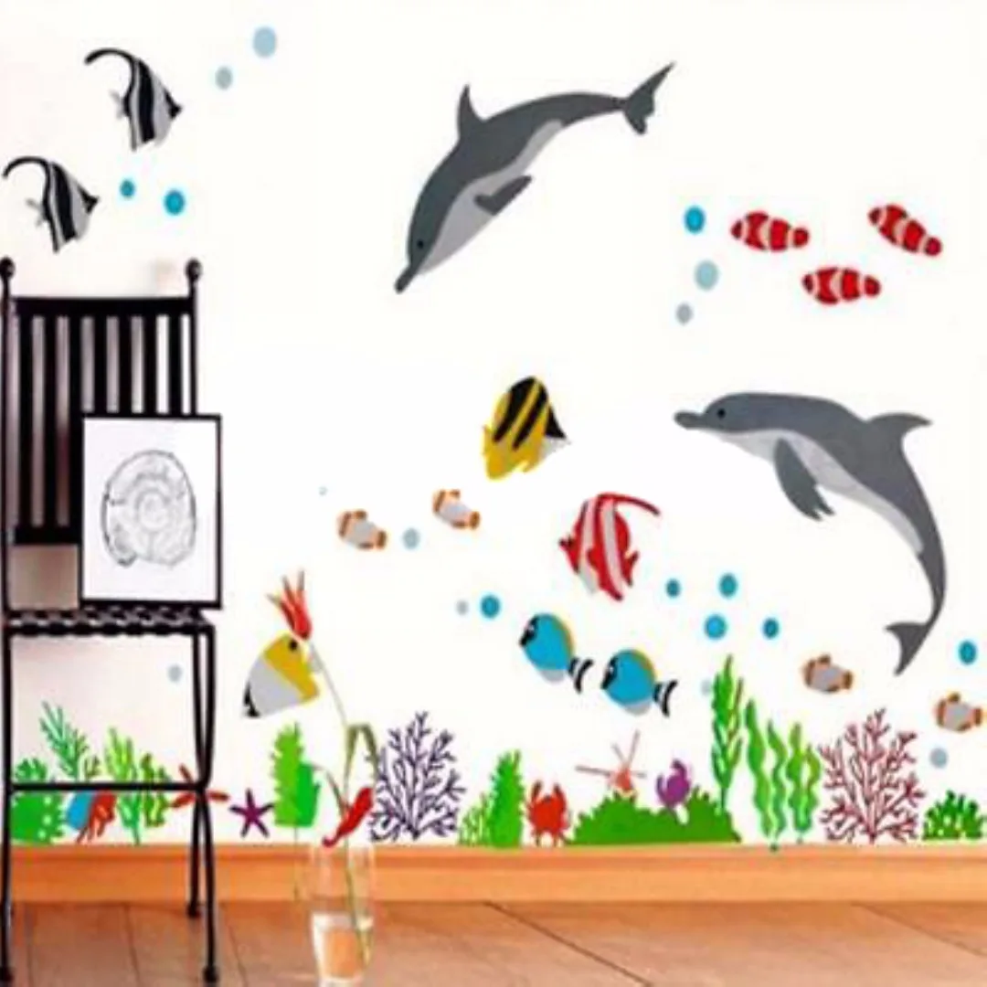 Newest  Dolphin & Fish Bathroom Decor Wall Stickers Paper Kids Bedroom Vinyl Paper