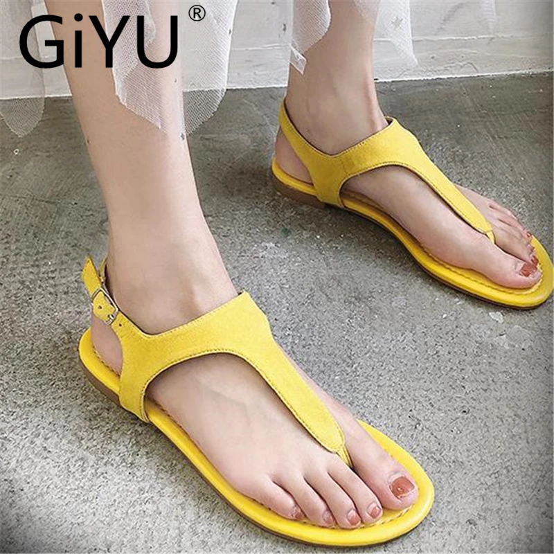 

Women Sandals Fashion Summer Shoes Beige Women Rome Gladiator Casual flats Sandals Beach Shoes Female yellow T type flip-flops
