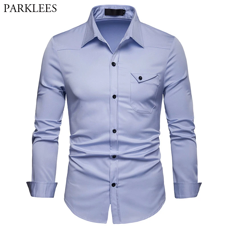 

Fashion Pocket Design Shirt Men 2019 Brand New Slim Fit Mens Casual Button Down Dress Shirts Long Sleeve Business Work Shirt XXL