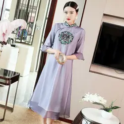 2019 летнее платье Чонсам с вышивкой, высококачественное элегантное женское платье Qipao с коротким рукавом