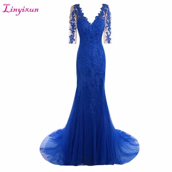 

Linyixun Real Photo New Royal Blue Half Sleeve 2017 Mother of the Bride Dresses Appliques Lace Elegant Chiffon Evening Dresses