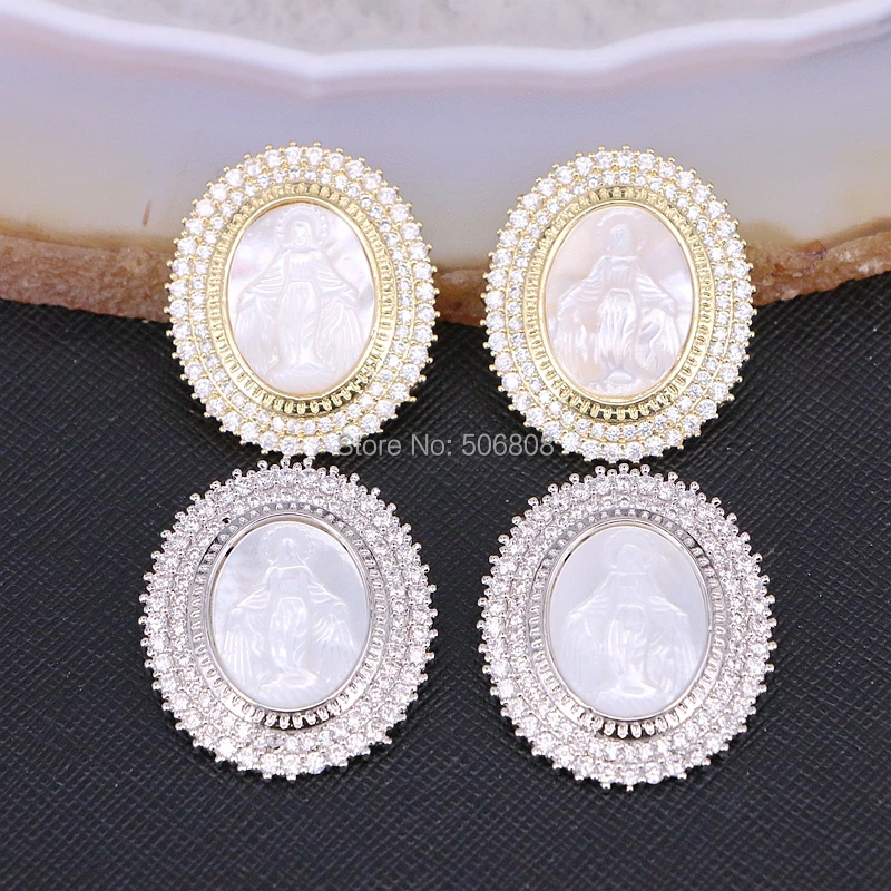 

5PCS ZYZ185-8730 Micro Pave CZ Zirconia Mother Of Pearl Shell Carved Jesus Oval Pendant Bead