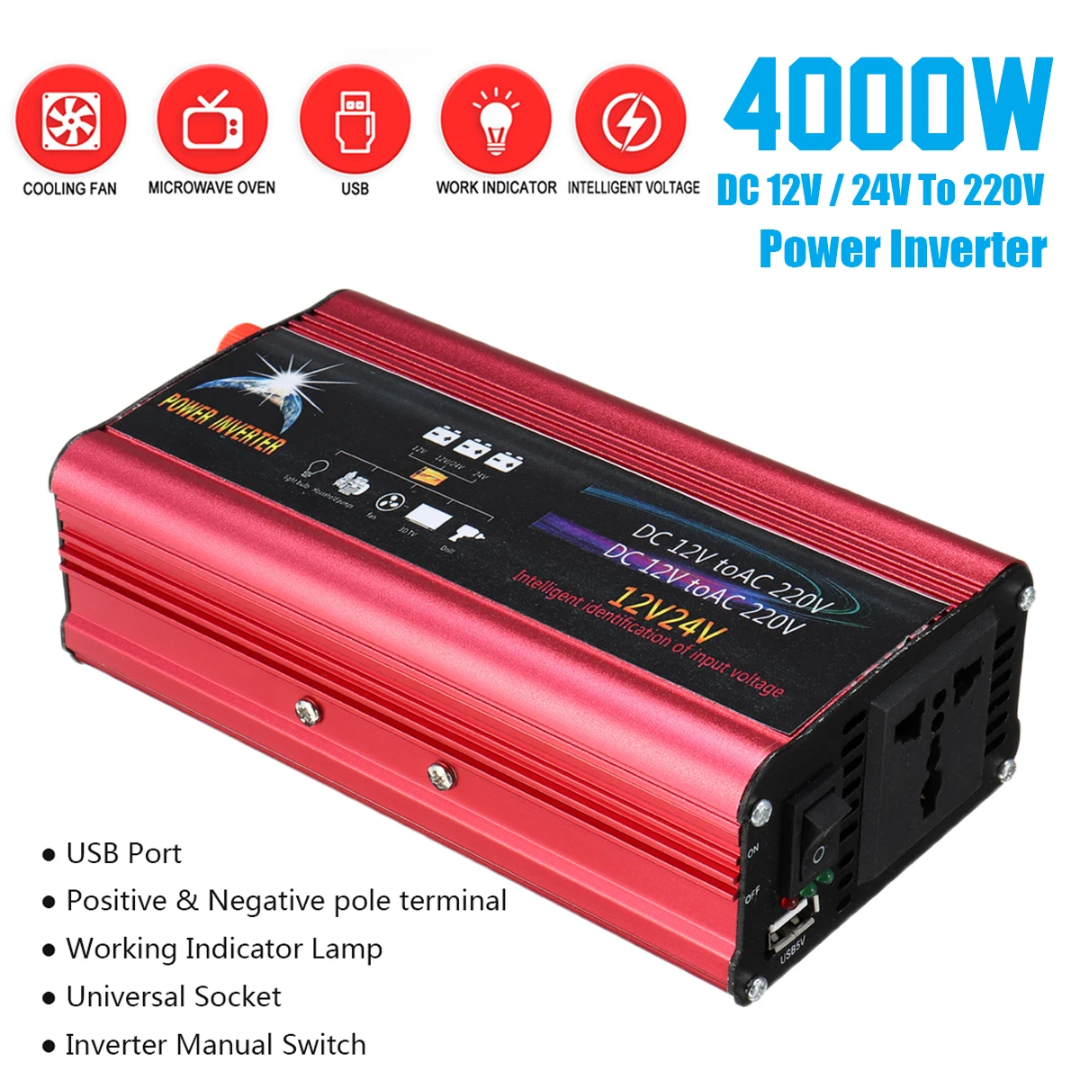 

PEAK 4000W Voltage Transformer DC12/24V To 220V Modified Sine Wave Power Inverter Car Charger Converter 8 Intelligent USB Port