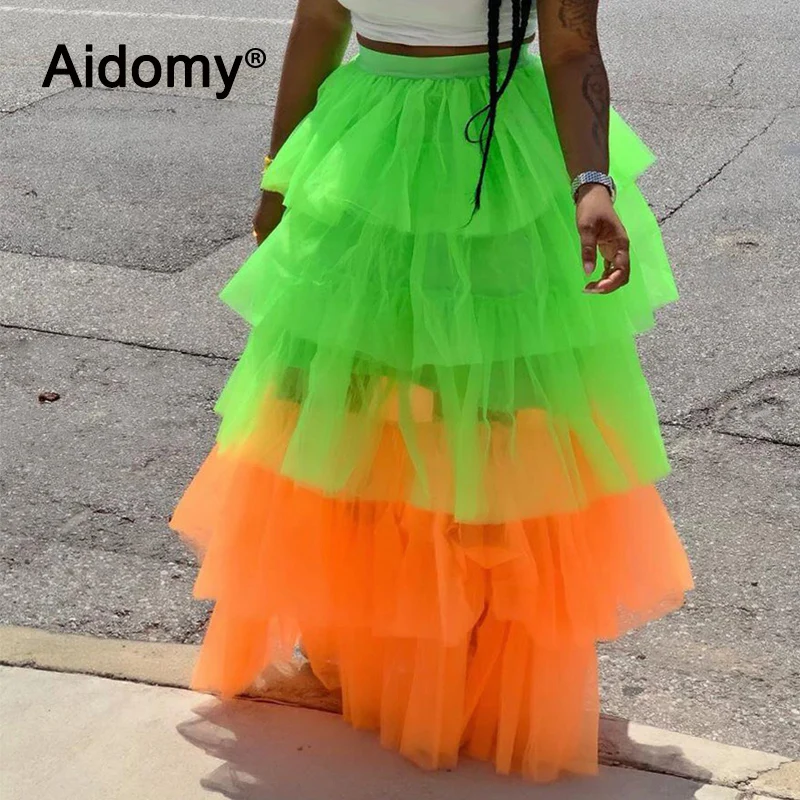 

Neon Color Women Skirts High Waist Summer Evening Party Night Club Wear Ruffles Cake Rainbow Skirts Mesh Tutu Skirt Green Orange