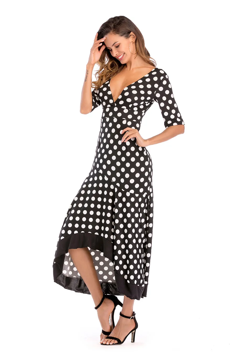 Gladiolus New Autumn Women Long Dress Half Sleeve Deep V-Neck Sexy Backless Polka Dot Ruffles Hem Maxi Dress Robe Femme Ete 2018 (13)