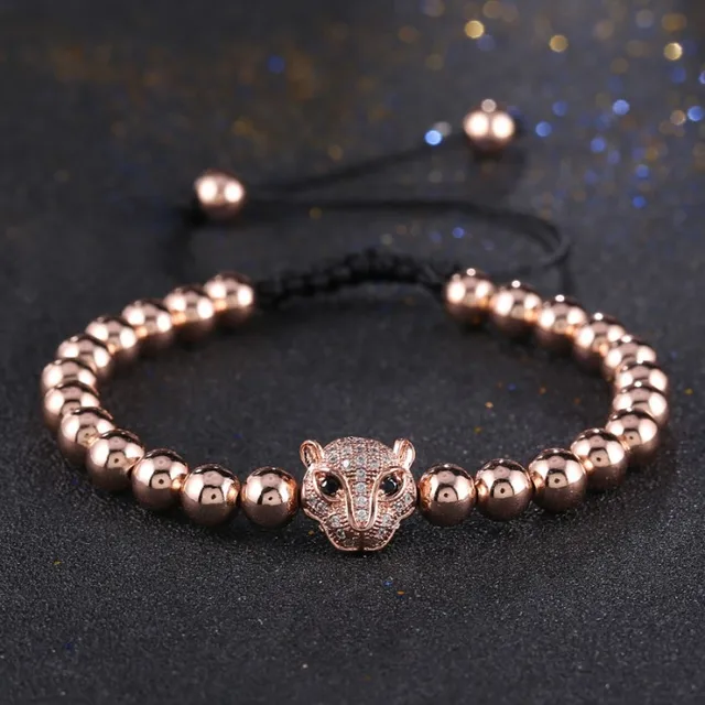 Animal Bracelet Zircon Bracelets, Gilded Round Beads & Leopard Head