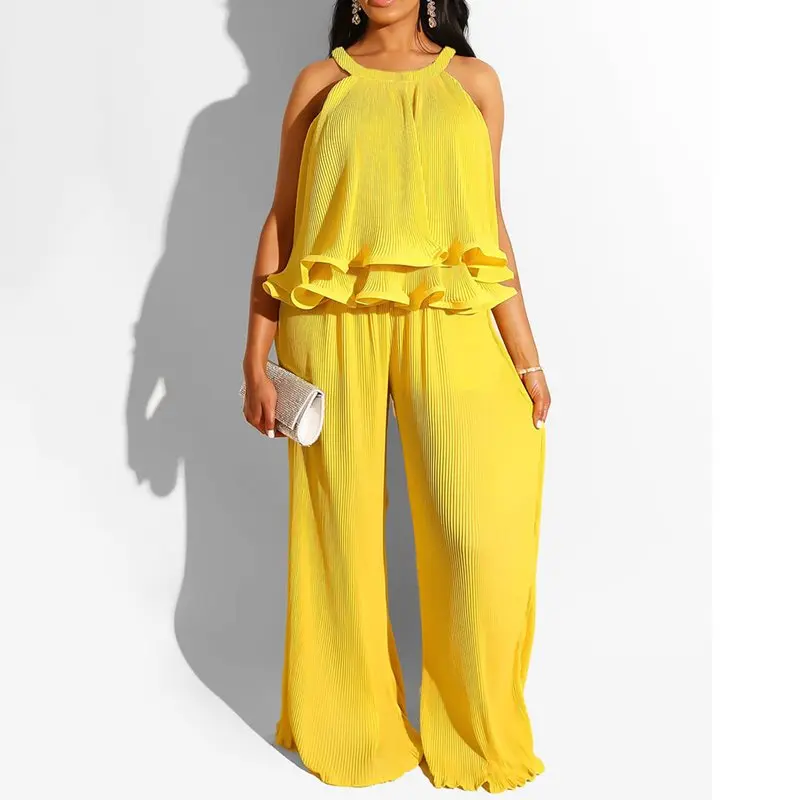 

Summer Sexy Club African Fashion Yellow Beach Travel Clothes Women Two Piece Set Vest Pants Plain Office Lady Female Chic Suits