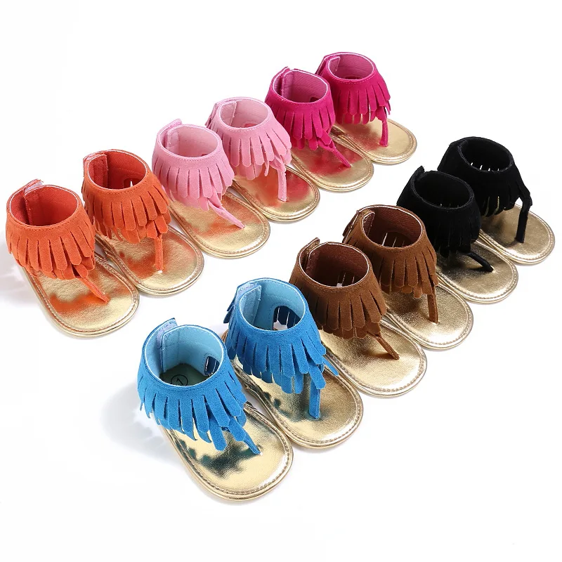Летние Детские Т-образные полиуретановые кожанные сандалии из замши двойные Мокасины с бахромой для малышей обувь для девочек с мягкой подошвой