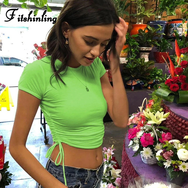 Fitshinling флуоресцентный Неон зеленый обрезанный Женский Топ Футболка drawstring strappy