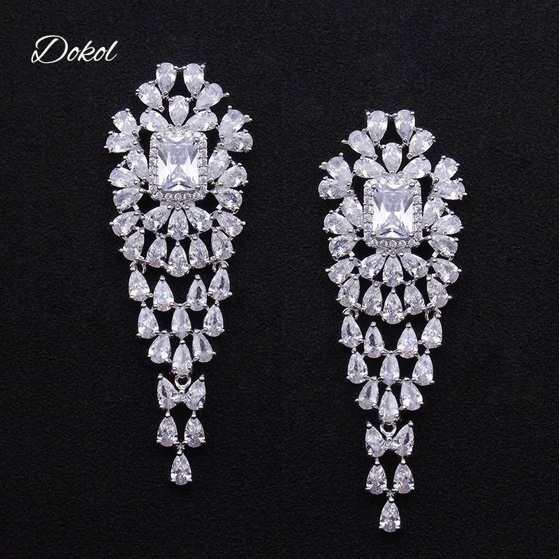 DOKOL Exquisite Clear Zircon Bridal Earring Jewelry Silver Color Long Drop Earrings for Wedding Party Bridesmaids Gift DKE0176 | Украшения