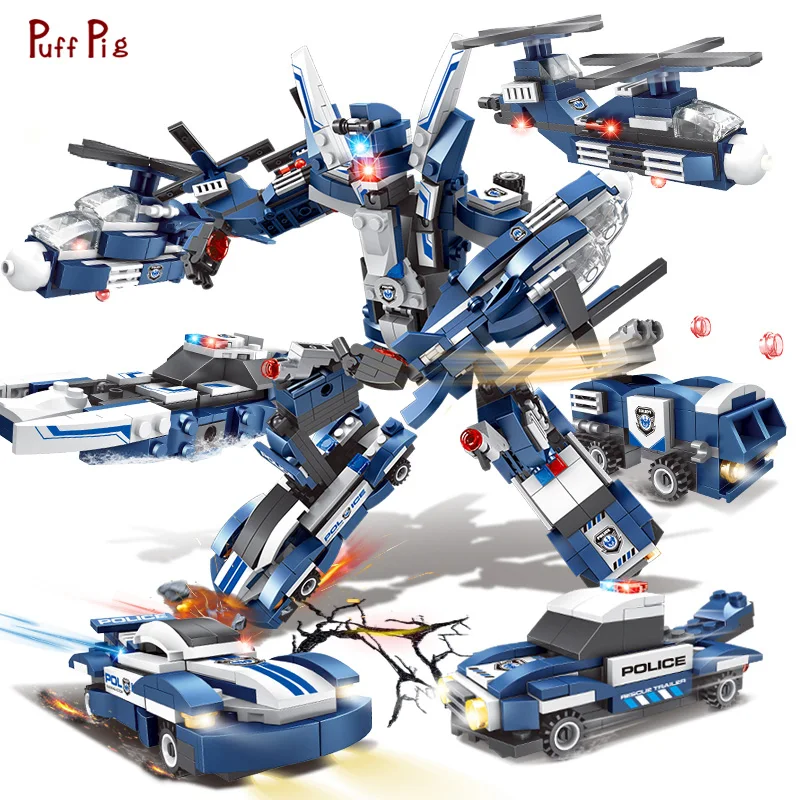 

611pcs 6 in 1 Space Wars Police Figures Robot Car Helicopter Compatible Legoed Bricks Building Blocks Kit City Toy For Children