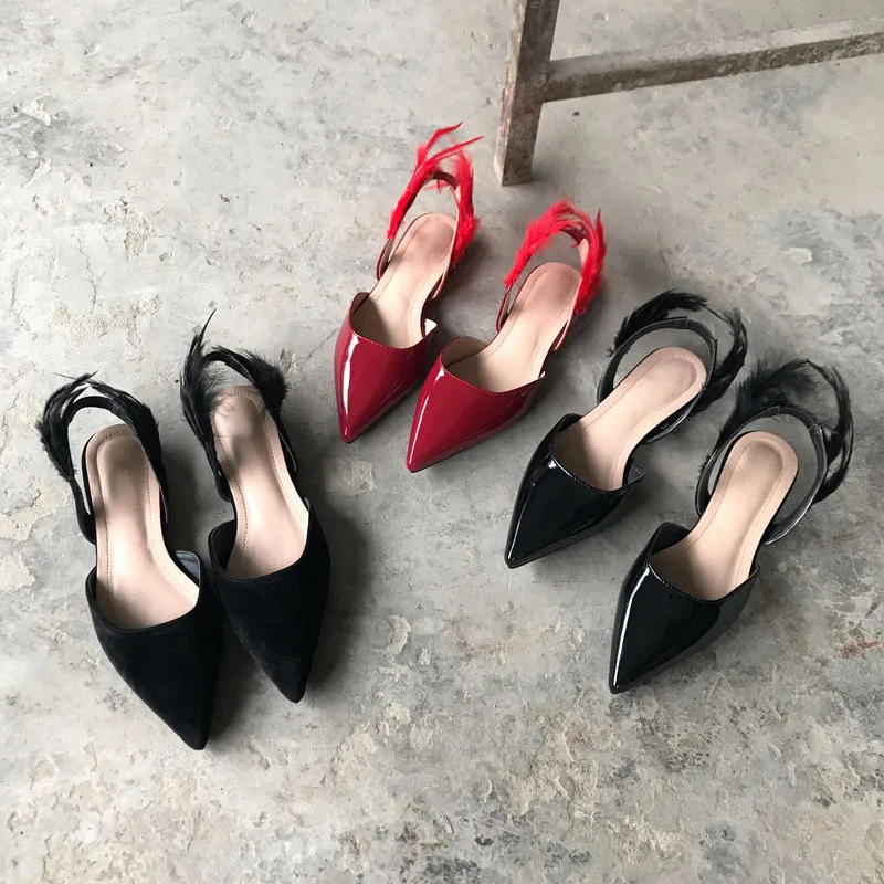 2018, красные туфли из лакированной кожи в стиле ретро с перьями, женские модельные туфли с острым носком, женские вечерние туфли с v-образным