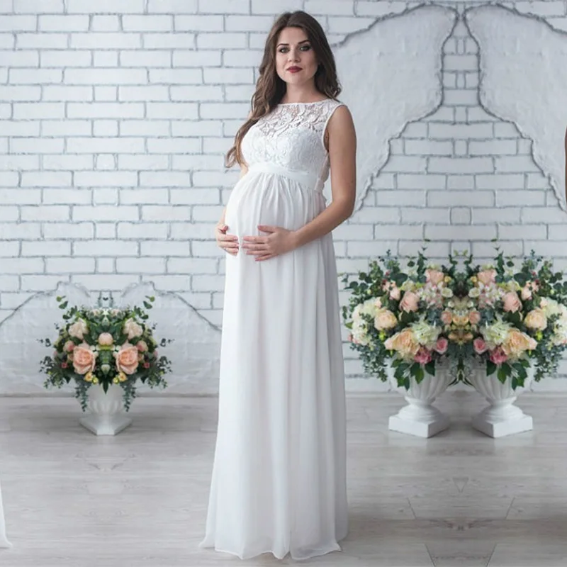 Платья для беременных, платья для беременных, реквизит для фотосессии, женское длинное макси платье, сексуальное кружевное платье с круглым вырезом для беременных - Цвет: White AX369