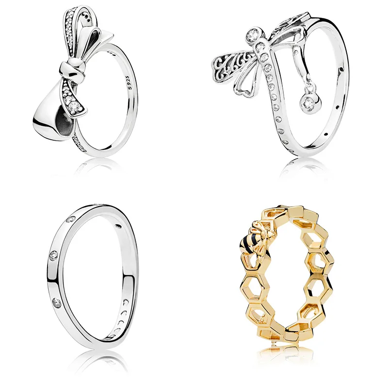 

4 Style 2018 New Silver Charms Diy Dragonfly Gold Bee Drop Crystal Round Rings For Women Jewelry