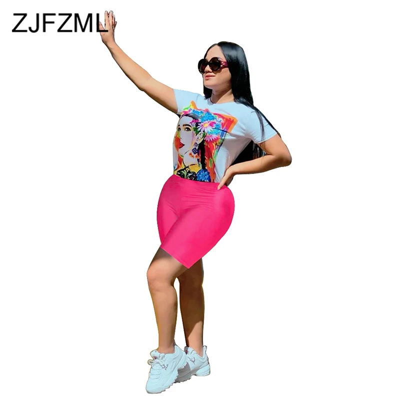 

Character Print Sexy Two Piece Set Summer Clothes For Women O Neck Short Sleeve Top+ Biker Shorts Summer Beach Outfits Tracksuit