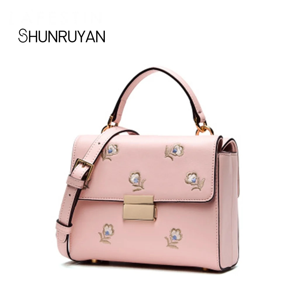 

SHUNRUYAN 2018 New Brand Design Genuine Leather Embroidery Flowers Women Bag Fashion Shoulder Bag Cross body Bag Party Bag