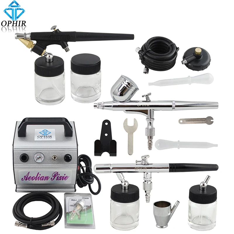 OPHIR 0.3mm 0.35mm 0.8mm Airbrush Set w/ Air Compressor Air Brush Kit for Model Hobby Cake Decoration Makeup _AC088+004A+071+072