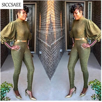 

Green Glitter Striped Lantern Sleeve Rompers Womens Jumpsuit Turtleneck Bodycon Bodysuit Sparkly Overalls Sexy One Piece Outfits