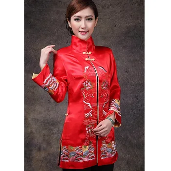 

Red Chinese Women's Satin Long Sleeve Jacket Classic Style V-Neck Tang Suit Embroidery Single Breasted Coat Size S TO 3XL