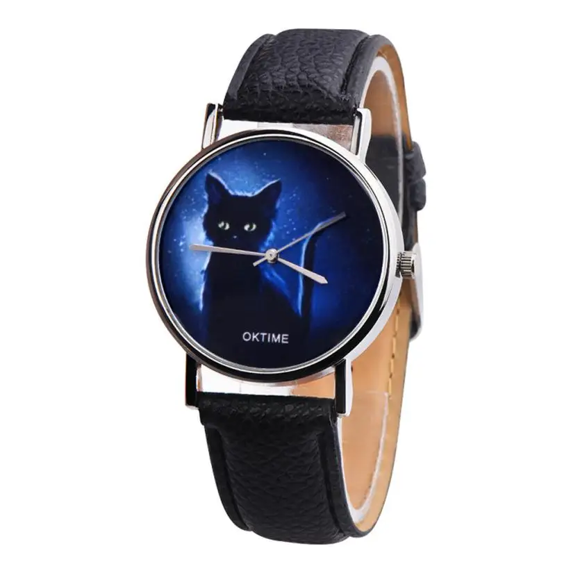 OKTIME женские часы таинственный черный Кот искусственная кожа аналоговые кварцевые часы женские часы Лидирующий бренд Роскошные повседневные часы для женщин кошка - Цвет: Черный