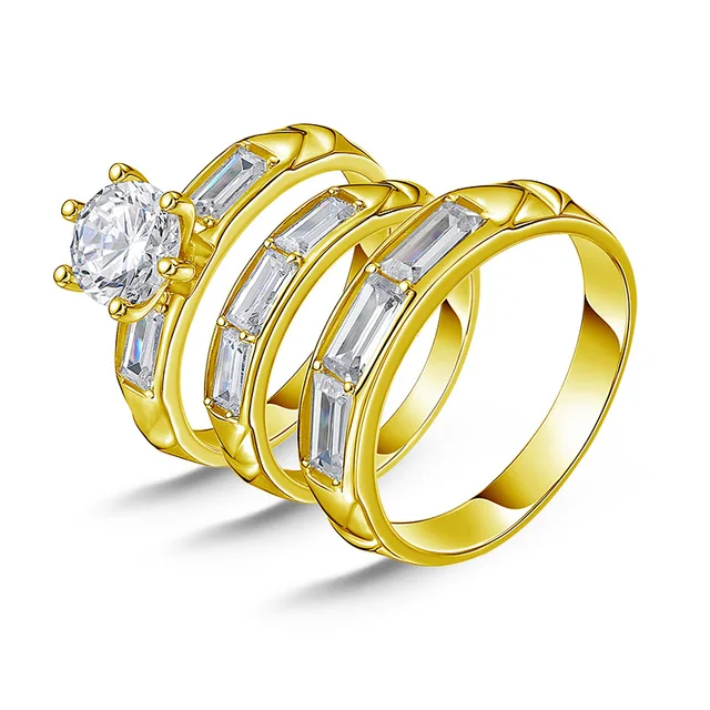 4g ainuoshi trio AINUOSHI Real Gold TRIO Rings Set Bridal Rings 3 Stones Ring Band