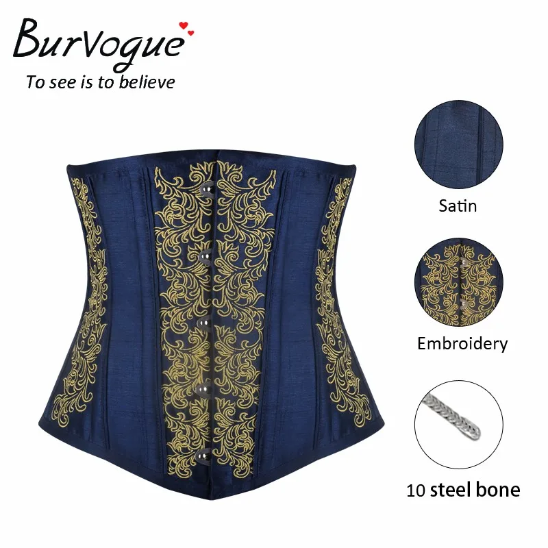 Burvogue Women Underbust Satin Steel Bones Corset Waist Trainer Gothic Sexy Corset Steampunk Corselet corsets and bustiers