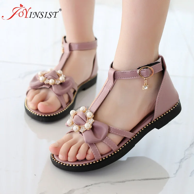 

Girls Sandals Bow Summer Student Princess Sandals Beads Hollow Soft Bottom Children's Sandals Rome Flat