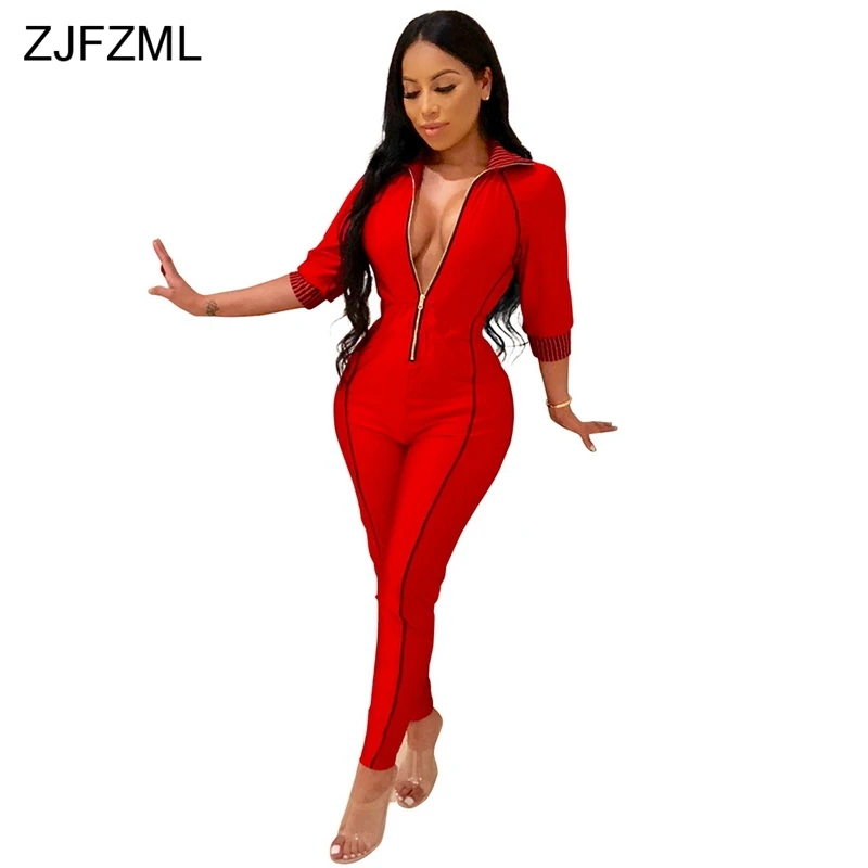 ZJFZML Plus Size Jumpsuit For Women 2018 Casual 3/4 Sleeve Turn-Down Collar Plus Size Catsuit Autumn Front Zipper Bandage Romper