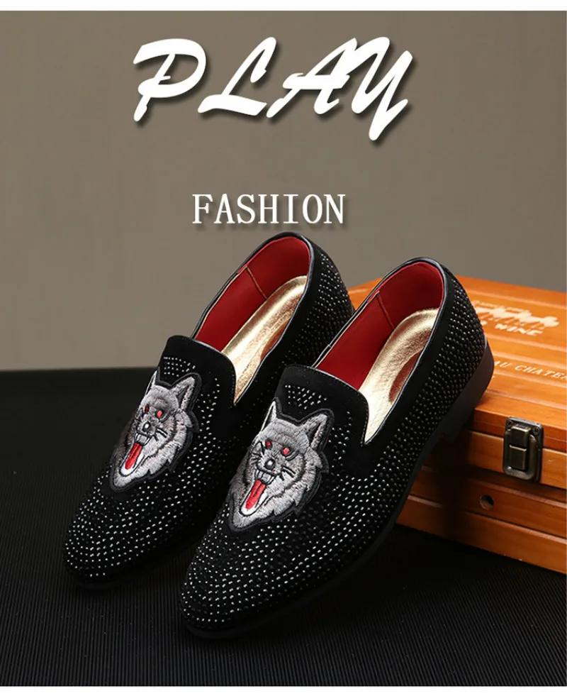 Casuais Bordado Sapatilhas Casamento Mocassins Vestido Couro Designer Moda Apartamentos Do De Sapatos Preto Strass Homens ZIqYw84