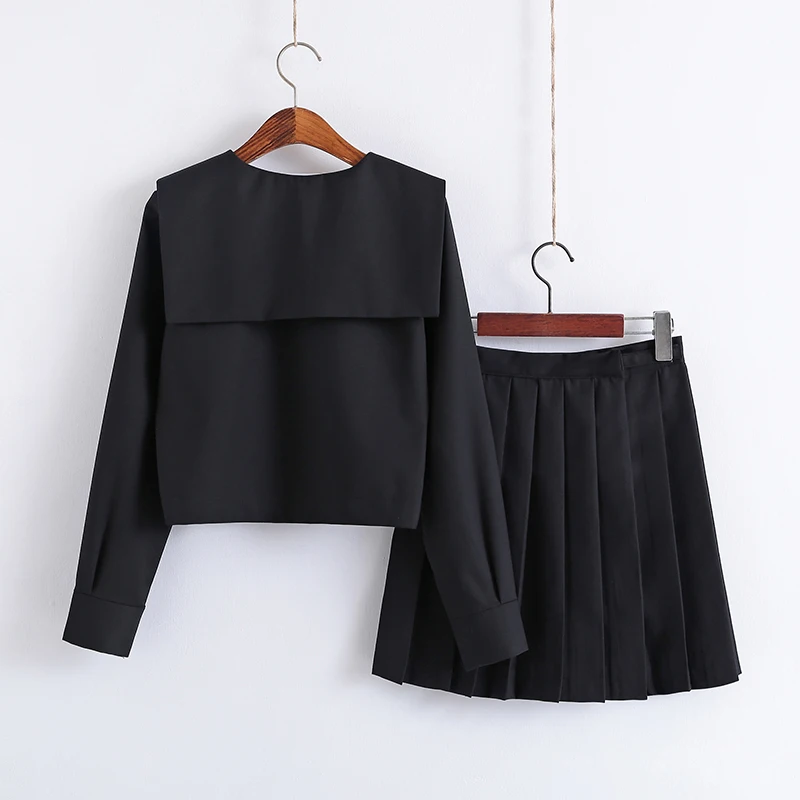 Women Spring JK High School Uniforms Students Girls Black Sailor Suits Harajuku Preppy Style Long Sleeve Top Short Pleated Skirt