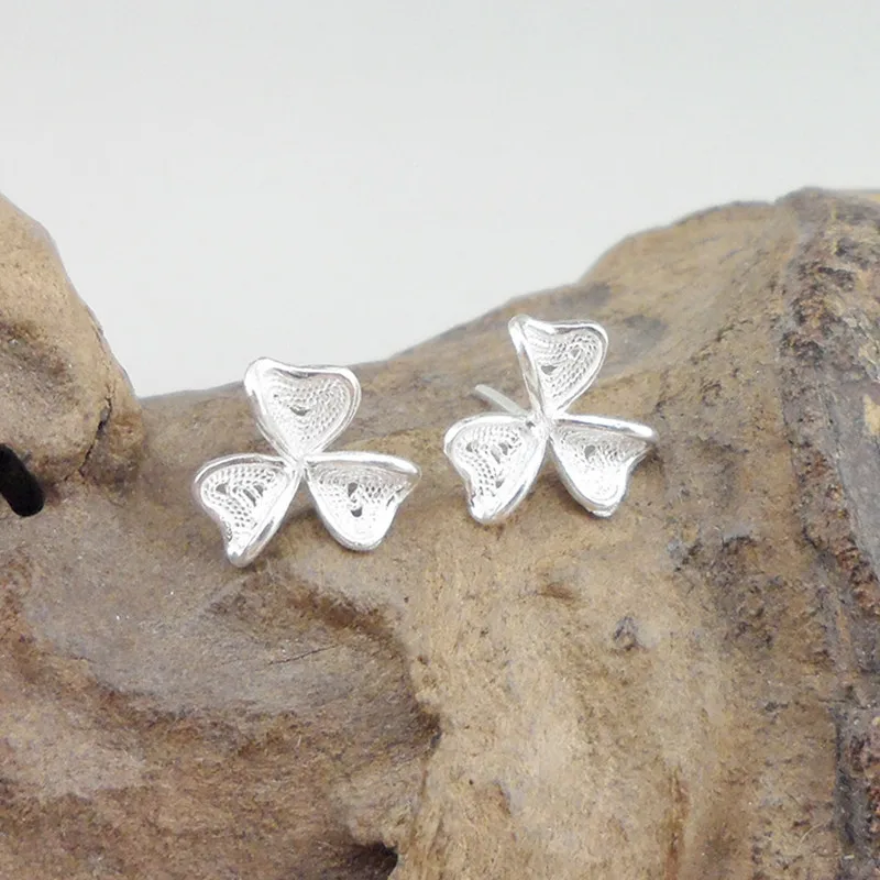 

999 Sterling Silver Lucky Clover Earrings Women Handmade Jewelry Flower Stud Earings Fashion Studs Cute