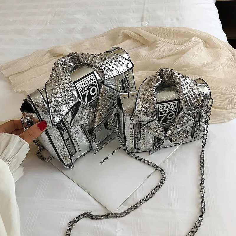 

Painted Leather Laser Suit Small Square Bag Punk Rivet Single Shoulder Bag For Women Fashion Silver Cloth Shape Crossbody Bag