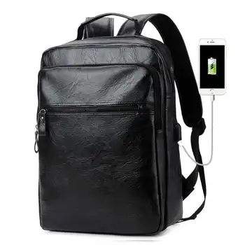 

Men Leather USB Cable Travel Laptop Backpack With Headphone Hole School Backpack Has Front Pocke Bagpack Mochila Large Capacity