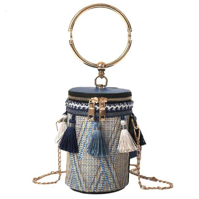 Cylindrical Straw Bags Chain Woven Women Mini Tassel Crossbody Bags